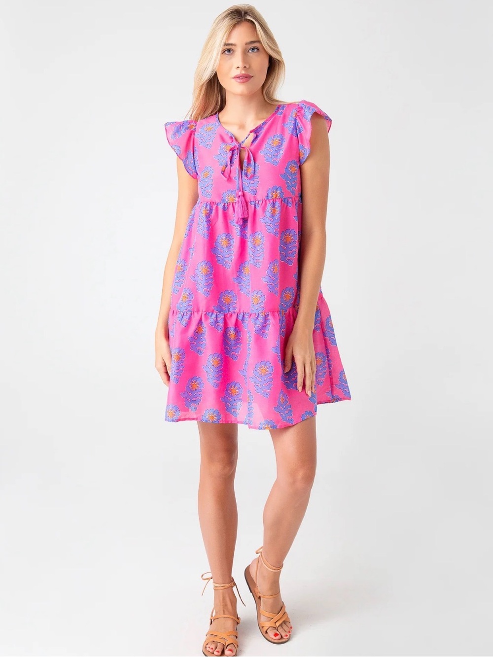 J. Marie Pink & Lavender Floral Tiered Mini Dress Tassel Tie Flutter Sleeve L